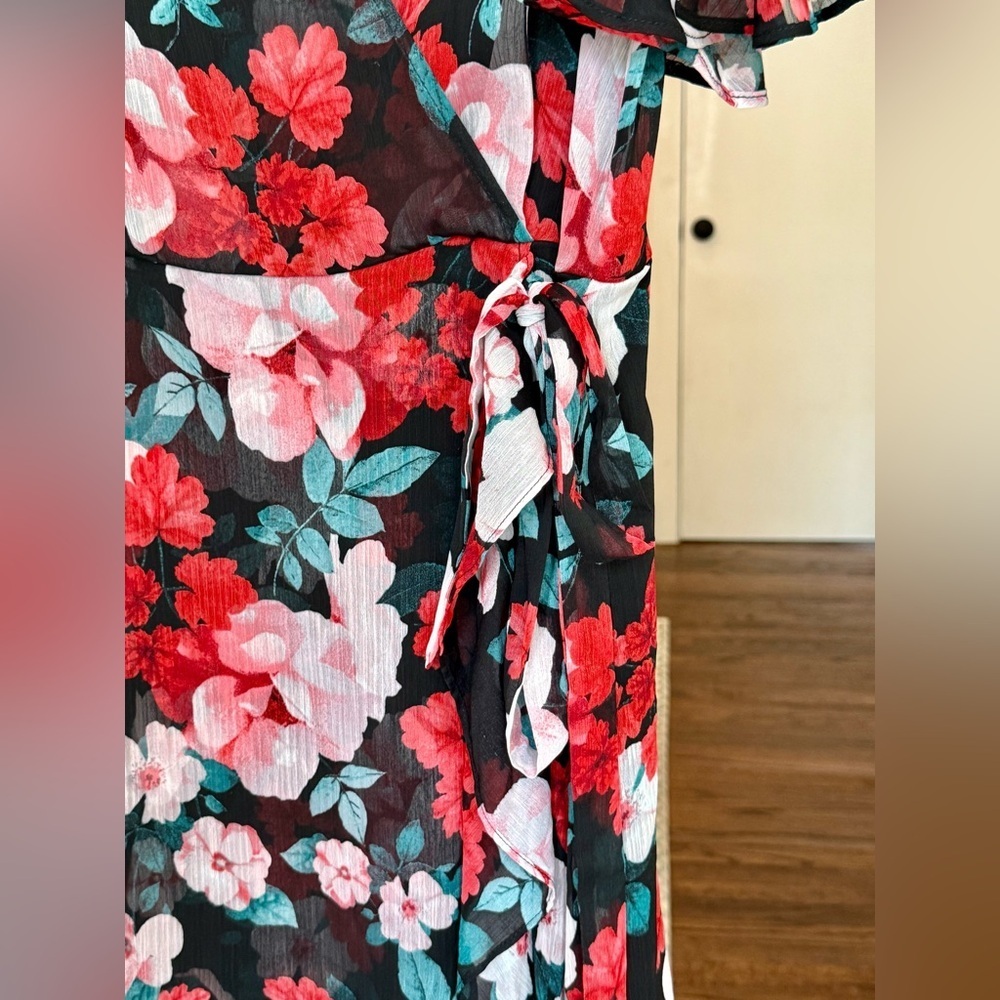 Calvin Klein Faux Wrap Black Red Floral Midi Wrap Dress - Size 8 - Picture 11 of 11